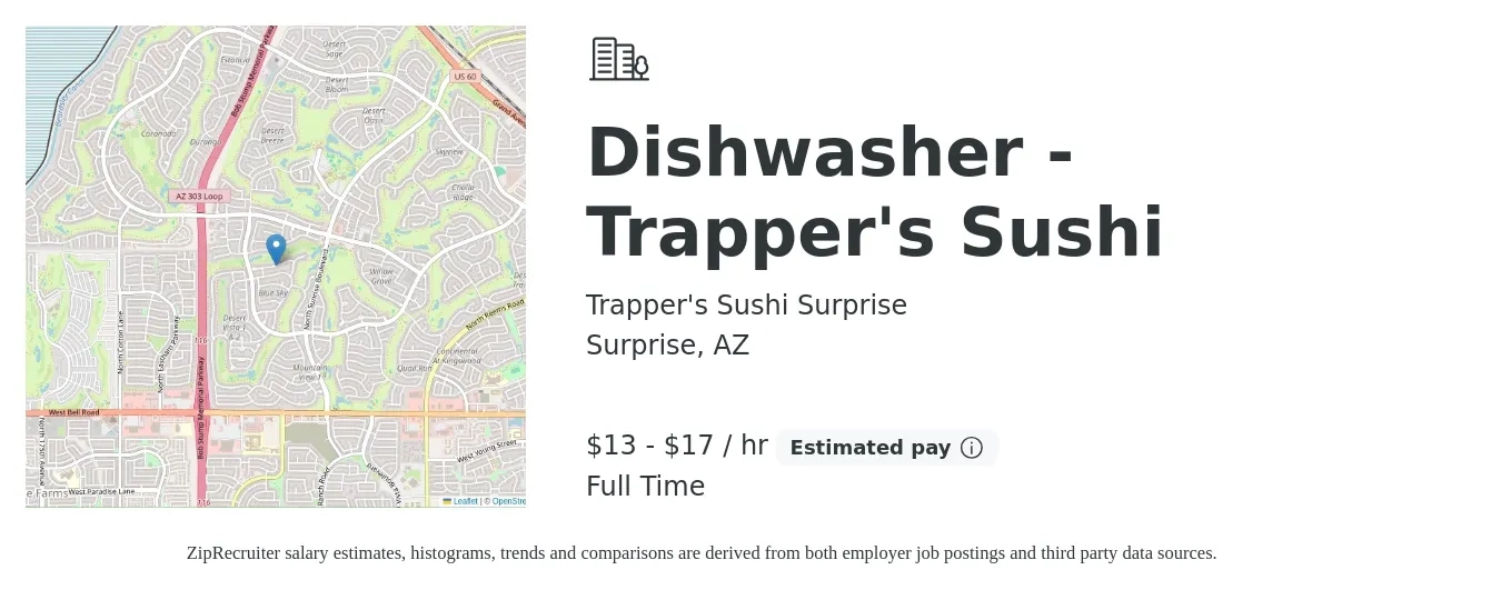Trapper's Sushi Surprise job posting for a Dishwasher - Trapper's Sushi in Surprise, AZ with a salary of $14 to $18 Hourly with a map of Surprise location.