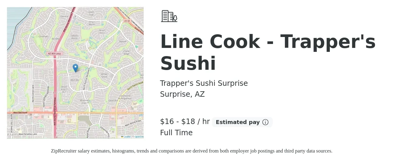 Trapper's Sushi Surprise job posting for a Line Cook - Trapper's Sushi in Surprise, AZ with a salary of $17 to $20 Hourly with a map of Surprise location.