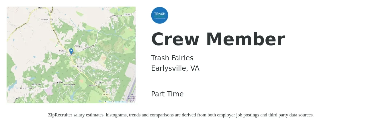 Trash Fairies job posting for a Crew Member in Earlysville, VA with a salary of $750 to $800 Monthly with a map of Earlysville location.