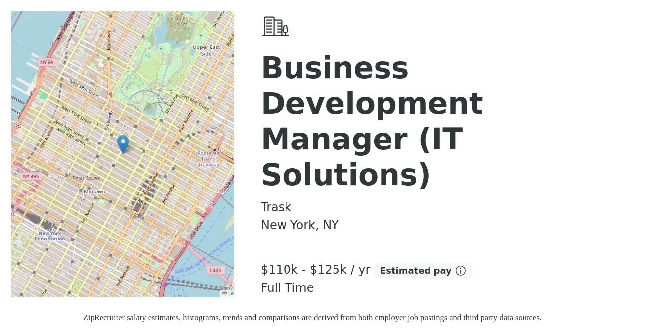 Trask job posting for a Business Development Manager (IT Solutions) in New York, NY with a salary of $110,000 to $125,000 Yearly with a map of New York location.