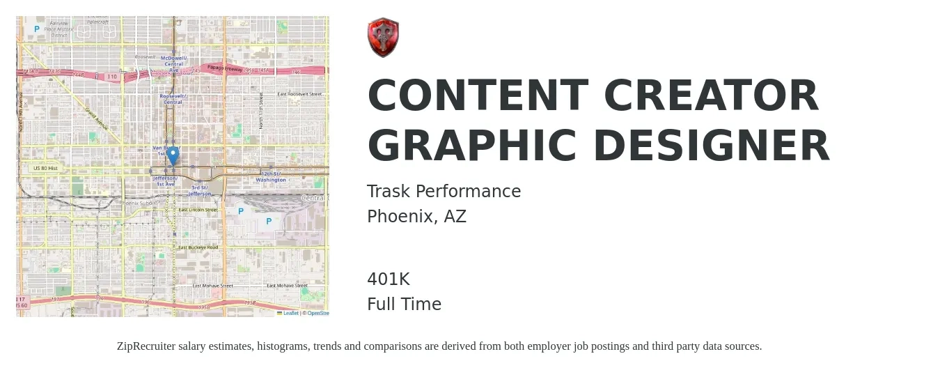 Trask Performance job posting for a CONTENT CREATOR GRAPHIC DESIGNER in Phoenix, AZ with a salary of $20 to $32 Hourly and benefits including 401k with a map of Phoenix location.