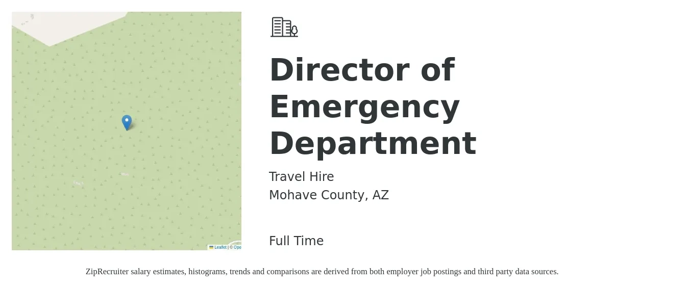 Travel Hire job posting for a Director of Emergency Department in Mohave County, AZ with a salary of $80,100 to $125,800 Yearly with a map of Mohave County location.