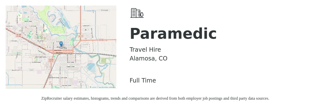 Travel Hire job posting for a Paramedic in Alamosa, CO with a salary of $20 to $28 Hourly with a map of Alamosa location.