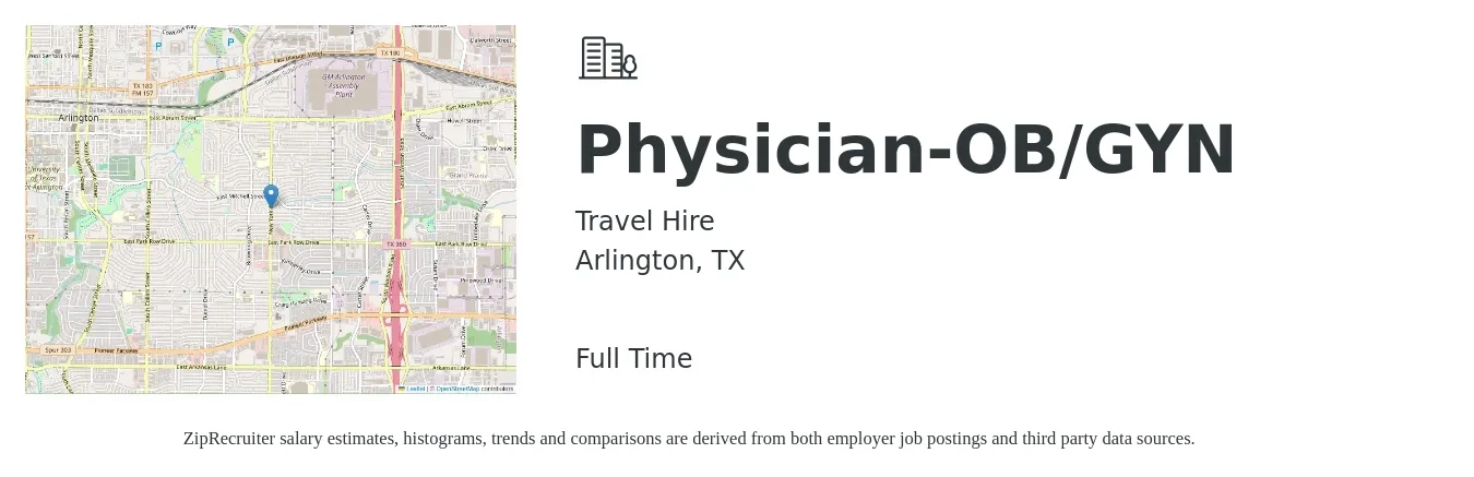 Travel Hire job posting for a Physician-OB/GYN in Arlington, TX with a salary of $216,000 to $225,000 Yearly with a map of Arlington location.