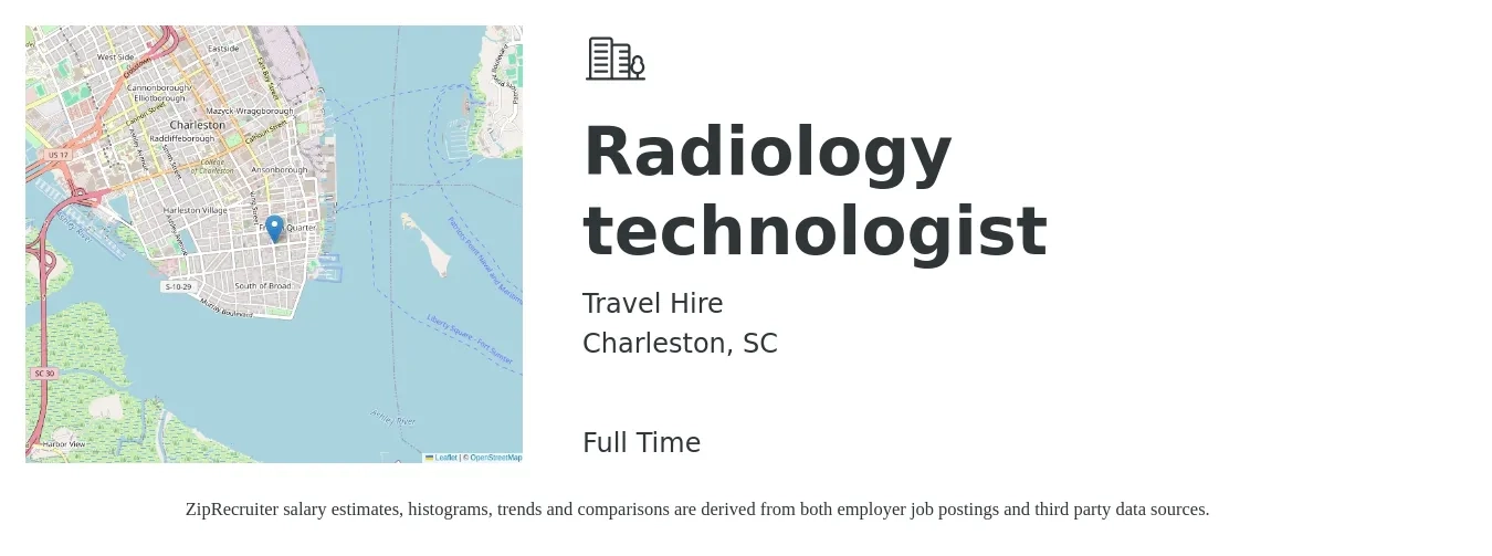 Travel Hire job posting for a Radiology technologist in Charleston, SC with a salary of $1,120 to $2,330 Weekly with a map of Charleston location.
