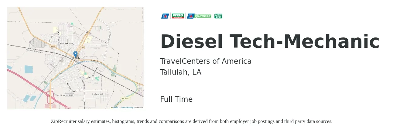 TravelCenters of America job posting for a Diesel Tech-Mechanic in Tallulah, LA with a salary of $23 to $30 Hourly with a map of Tallulah location.