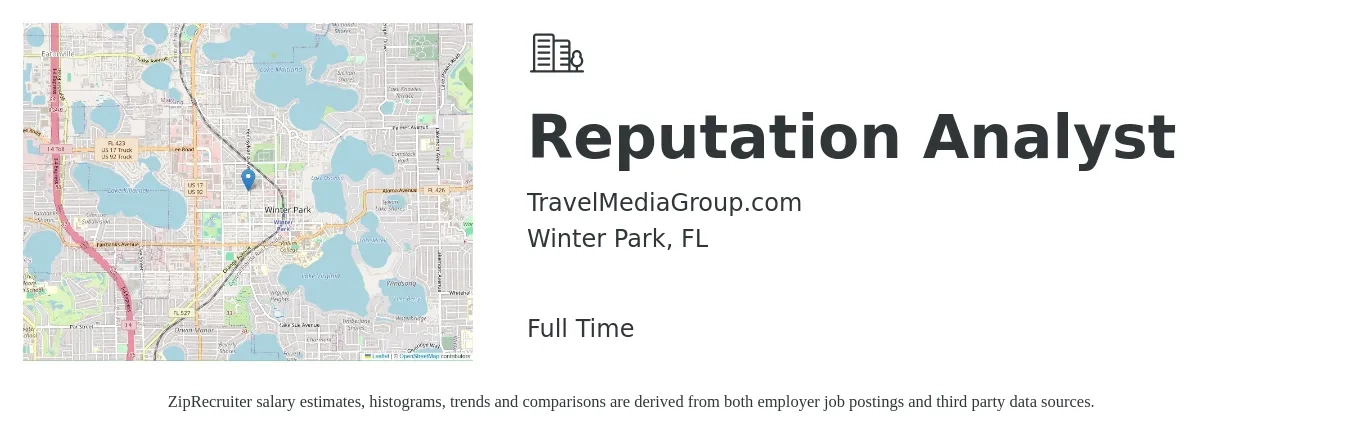 TravelMediaGroup.com job posting for a Reputation Analyst in Winter Park, FL with a salary of $25 to $35 Hourly with a map of Winter Park location.
