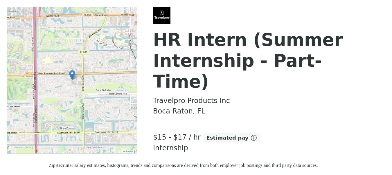 Travelpro Products, Inc. job posting for a HR Intern (Summer Internship - Part-Time) in Boca Raton, FL with a salary of $16 to $18 Hourly with a map of Boca Raton location.