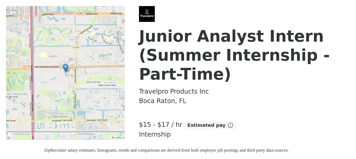 Travelpro Products, Inc. job posting for a Junior Analyst Intern (Summer Internship - Part-Time) in Boca Raton, FL with a salary of $16 to $18 Hourly with a map of Boca Raton location.