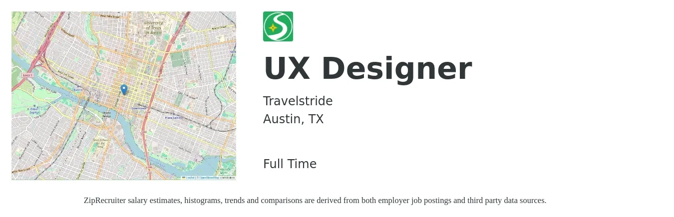 Travelstride job posting for a UX Designer in Austin, TX with a salary of $90,200 to $123,900 Yearly with a map of Austin location.