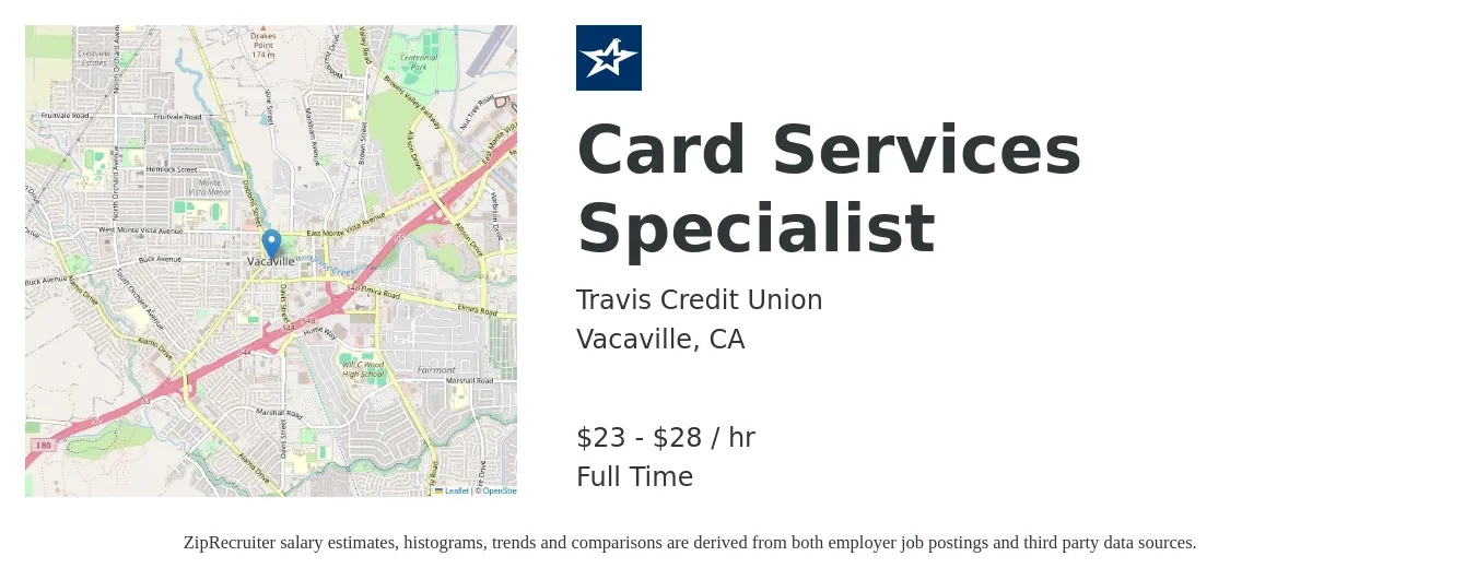 Travis Credit Union job posting for a Card Services Specialist in Vacaville, CA with a salary of $24 to $30 Hourly and benefits including vision, dental, and medical with a map of Vacaville location.