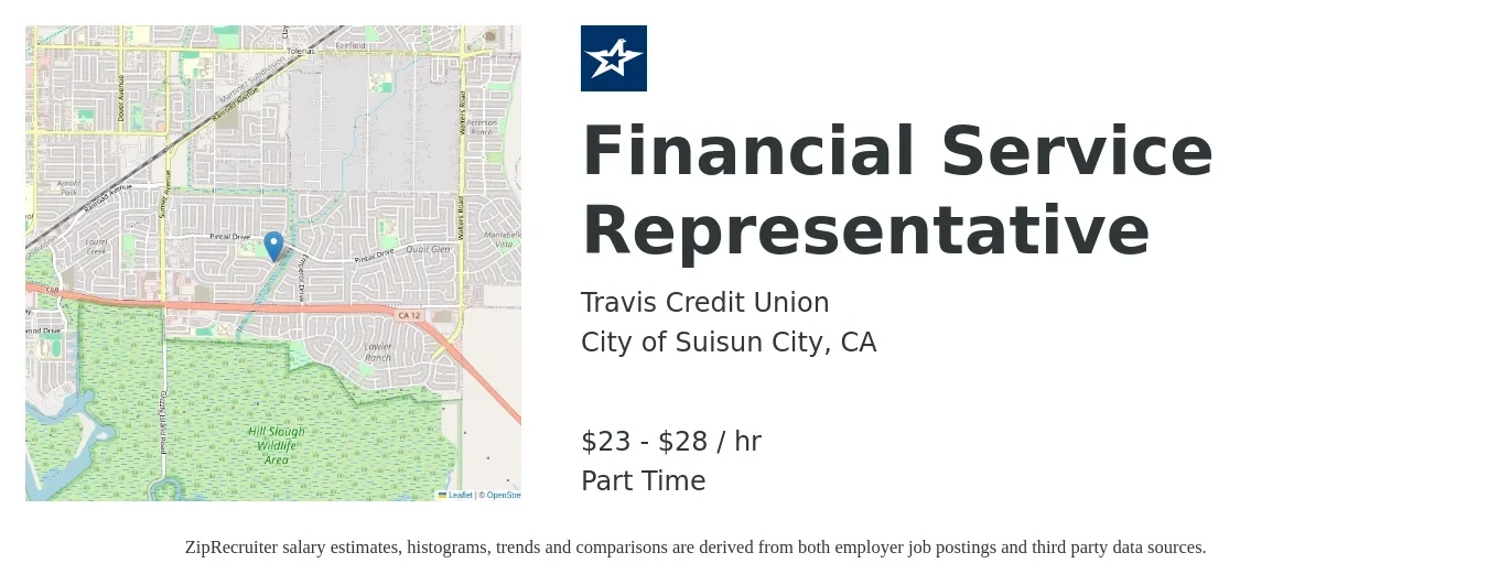 Travis Credit Union job posting for a Financial Service Representative in City of Suisun City, CA with a salary of $24 to $30 Hourly and benefits including dental, medical, and vision with a map of City of Suisun City location.