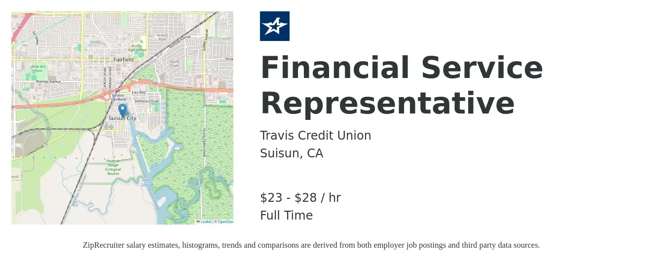 Travis Credit Union job posting for a Financial Service Representative in Suisun, CA with a salary of $24 to $30 Hourly with a map of Suisun location.