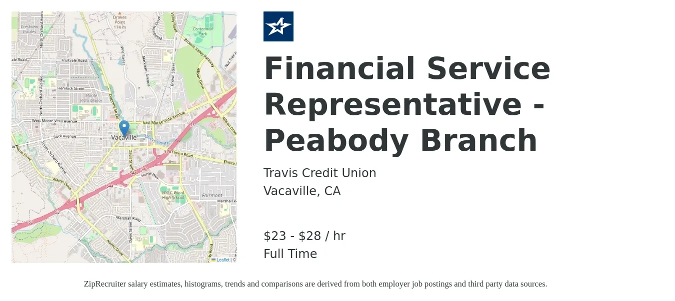 Travis Credit Union job posting for a Financial Service Representative - Peabody Branch in Vacaville, CA with a salary of $24 to $30 Hourly with a map of Vacaville location.