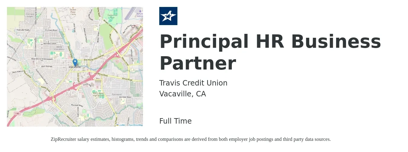 Travis Credit Union job posting for a Principal HR Business Partner in Vacaville, CA with a salary of $81,600 to $116,100 Yearly and benefits including dental, medical, and vision with a map of Vacaville location.
