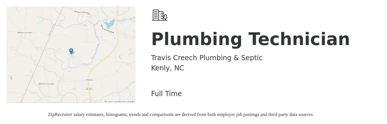 Travis Creech Plumbing & Septic job posting for a Plumbing Technician in Kenly, NC with a salary of $20 to $30 Hourly with a map of Kenly location.