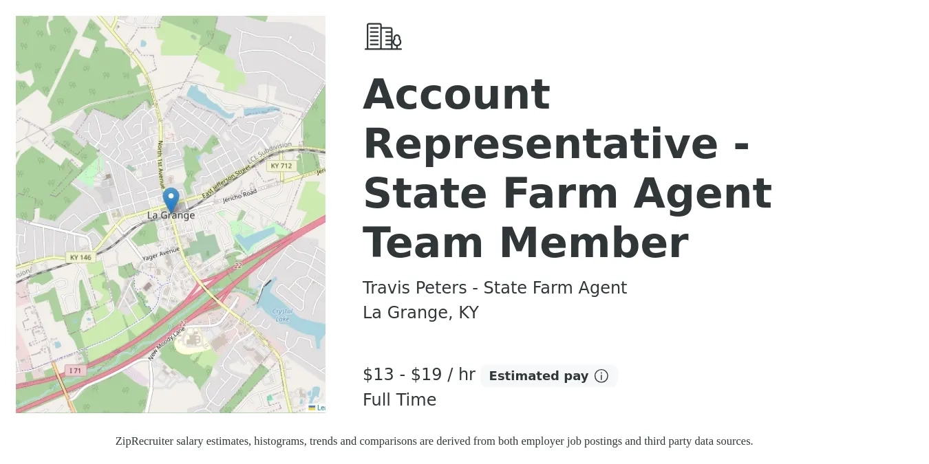 Travis Peters - State Farm Agent job posting for a Account Representative - State Farm Agent Team Member in La Grange, KY with a salary of $14 to $20 Hourly with a map of La Grange location.