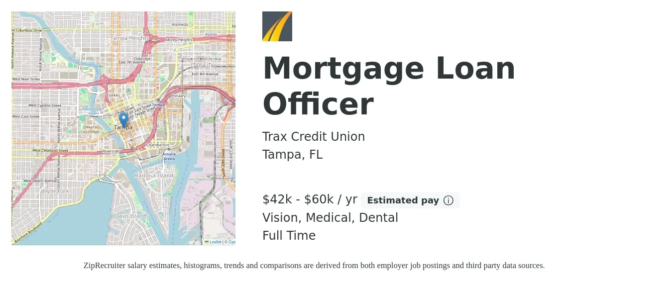 Trax Credit Union job posting for a Mortgage Loan Officer in Tampa, FL with a salary of $42,000 to $60,000 Yearly and benefits including dental, life_insurance, medical, pto, retirement, and vision with a map of Tampa location.