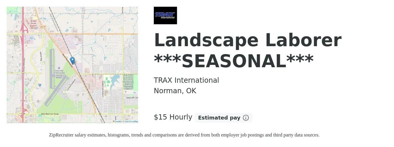 TRAX International job posting for a Landscape Laborer **SEASONAL** in Norman, OK with a salary of $14 Hourly with a map of Norman location.