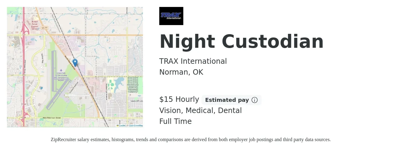TRAX International job posting for a Night Custodian in Norman, OK with a salary of $16 Hourly and benefits including dental, medical, retirement, and vision with a map of Norman location.