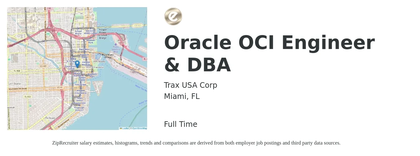 Trax USA Corp job posting for a Oracle OCI Engineer & DBA in Miami, FL with a salary of $48 to $66 Hourly with a map of Miami location.