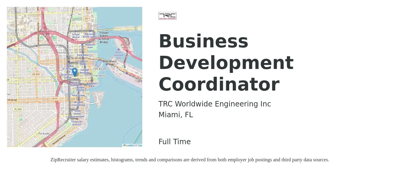 TRC Worldwide Engineering Inc job posting for a Business Development Coordinator in Miami, FL with a salary of $41,100 to $63,100 Yearly with a map of Miami location.