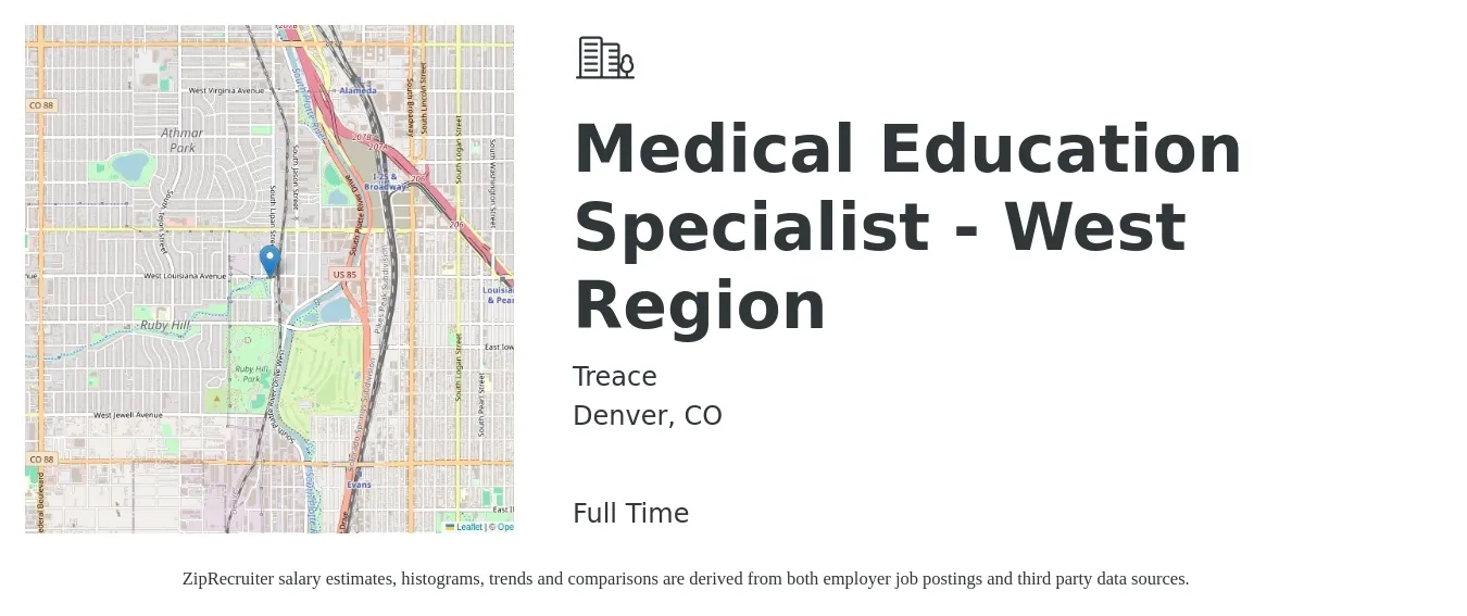 Treace job posting for a Medical Education Specialist - West Region in Denver, CO with a salary of $24 to $29 Hourly with a map of Denver location.