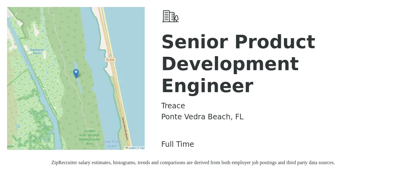 Treace job posting for a Senior Product Development Engineer in Ponte Vedra Beach, FL with a salary of $86,100 to $109,800 Yearly with a map of Ponte Vedra Beach location.