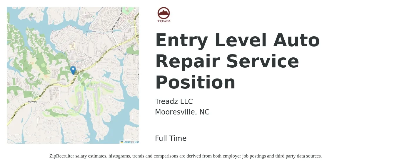 Treadz LLC job posting for a Entry Level Auto Repair Service Position in Mooresville, NC with a salary of $14 to $22 Hourly with a map of Mooresville location.