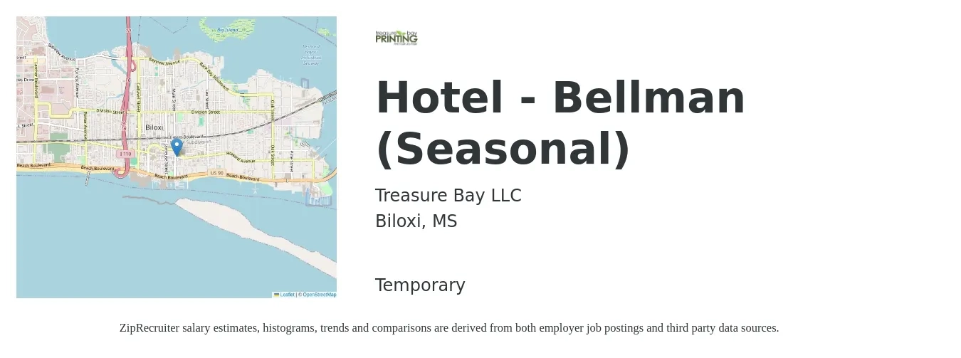 Treasure Bay LLC job posting for a Hotel - Bellman (Seasonal) in Biloxi, MS with a salary of $9 to $15 Hourly with a map of Biloxi location.