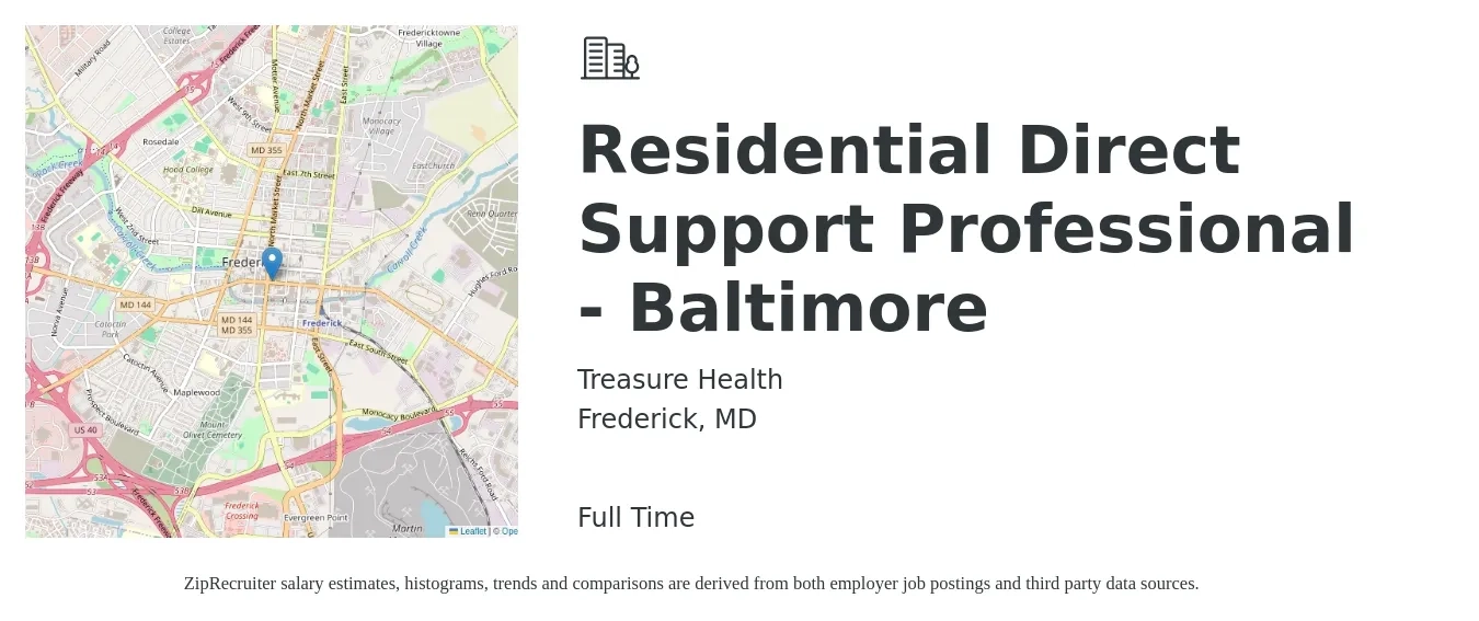 Treasure Health job posting for a Residential Direct Support Professional - Baltimore in Frederick, MD with a salary of $15 to $18 Hourly with a map of Frederick location.
