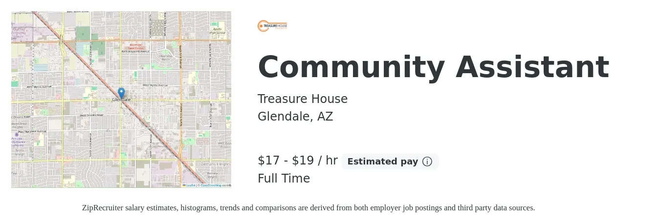 Treasure House job posting for a Community Assistant in Glendale, AZ with a salary of $18 to $20 Hourly with a map of Glendale location.