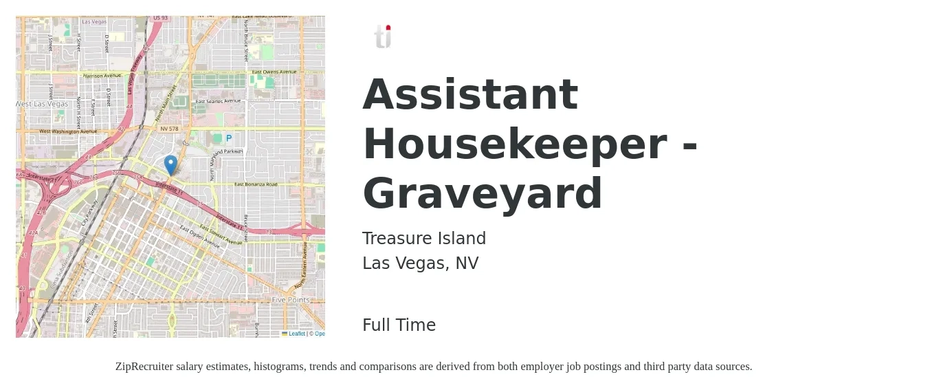 Treasure Island job posting for a Assistant Housekeeper - Graveyard in Las Vegas, NV with a salary of $13 to $16 Hourly with a map of Las Vegas location.