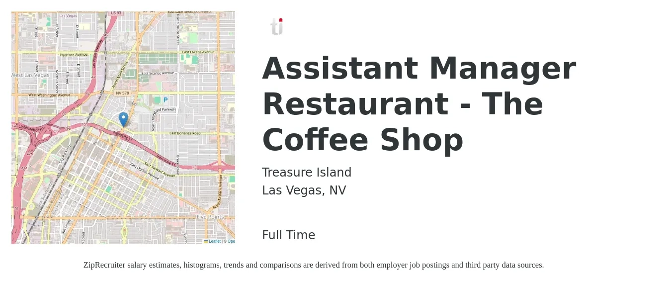 Treasure Island job posting for a Assistant Manager Restaurant - The Coffee Shop in Las Vegas, NV with a salary of $16 to $24 Hourly with a map of Las Vegas location.