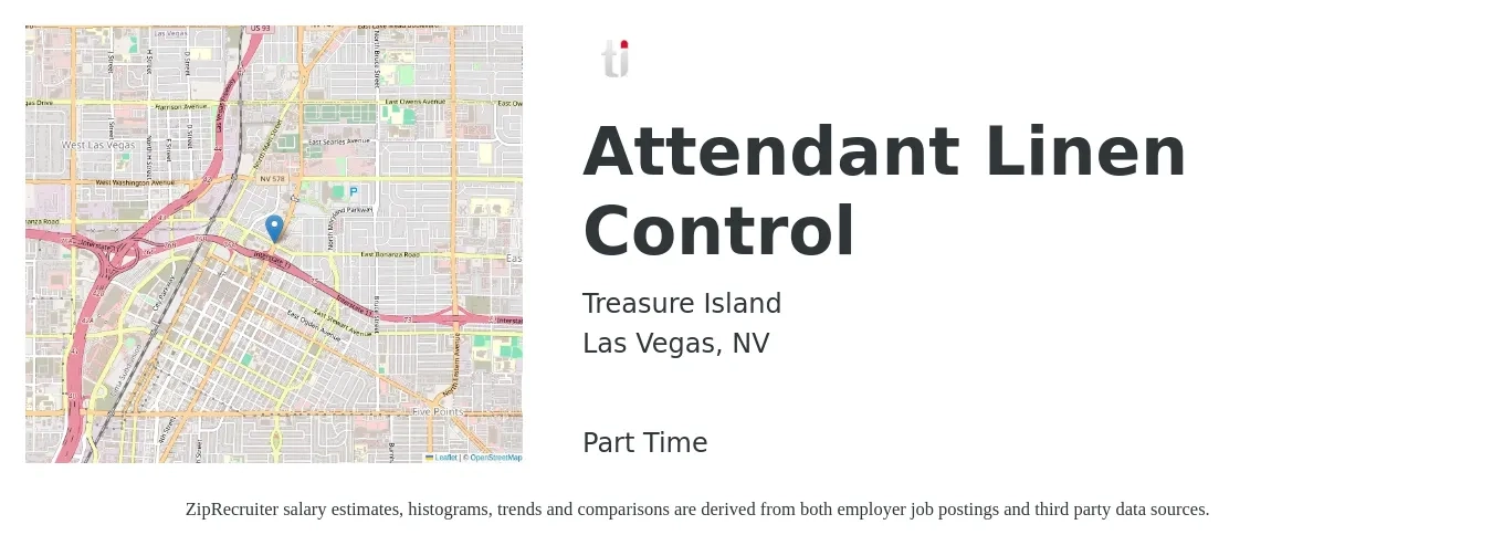 Treasure Island job posting for a Attendant Linen Control in Las Vegas, NV with a salary of $15 to $21 Hourly with a map of Las Vegas location.