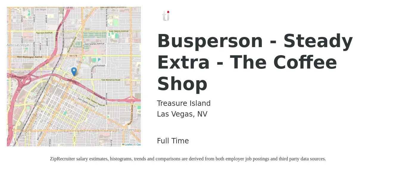 Treasure Island job posting for a Busperson - Steady Extra - The Coffee Shop in Las Vegas, NV with a salary of $16 to $22 Hourly with a map of Las Vegas location.