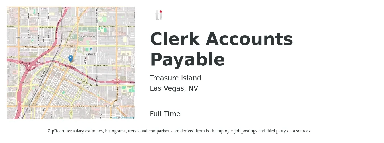 Treasure Island job posting for a Clerk Accounts Payable in Las Vegas, NV with a salary of $18 to $23 Hourly with a map of Las Vegas location.