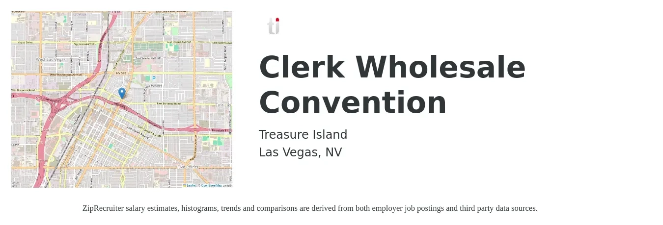 Treasure Island job posting for a Clerk Wholesale Convention in Las Vegas, NV with a salary of $16 to $21 Hourly with a map of Las Vegas location.