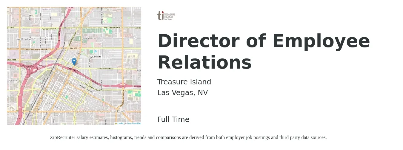 Treasure Island job posting for a Director of Employee Relations in Las Vegas, NV with a salary of $86,500 to $109,900 Yearly with a map of Las Vegas location.