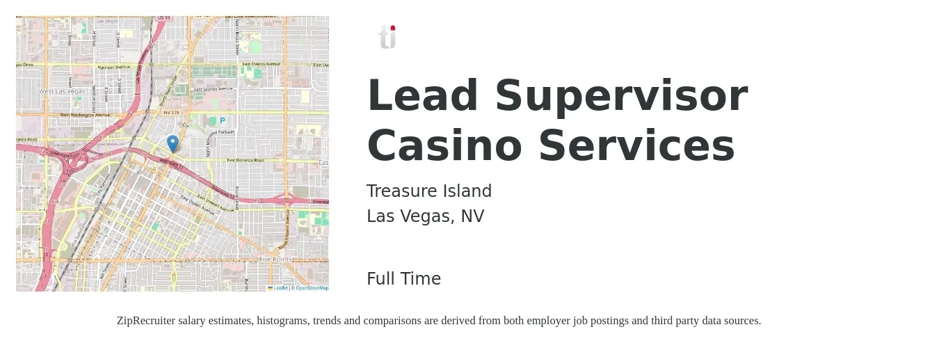 Treasure Island job posting for a Lead Supervisor Casino Services in Las Vegas, NV with a salary of $16 to $28 Hourly with a map of Las Vegas location.