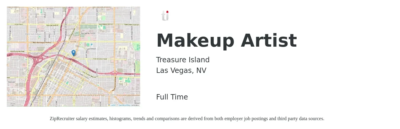 Treasure Island job posting for a Makeup Artist in Las Vegas, NV with a salary of $17 to $24 Hourly with a map of Las Vegas location.