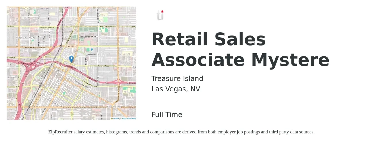 Treasure Island job posting for a Retail Sales Associate Mystere in Las Vegas, NV with a salary of $14 to $16 Hourly with a map of Las Vegas location.