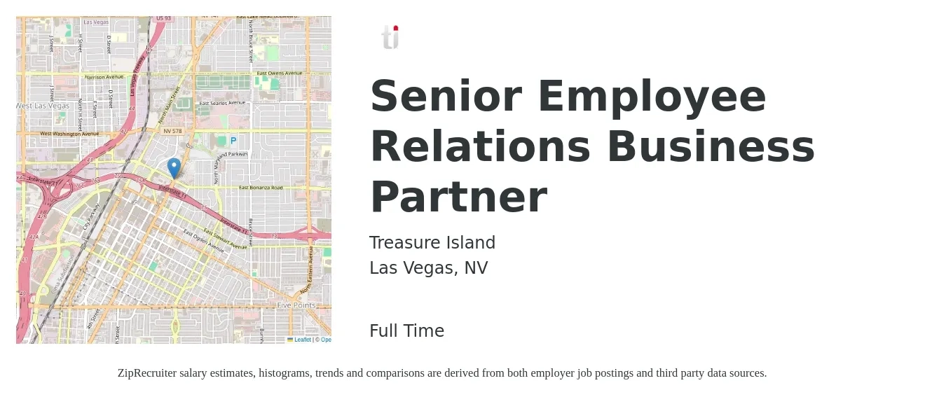 Treasure Island job posting for a Senior Employee Relations Business Partner in Las Vegas, NV with a salary of $78,400 to $111,300 Yearly with a map of Las Vegas location.