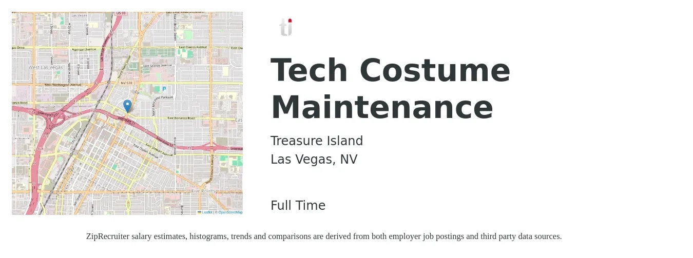 Treasure Island job posting for a Tech Costume Maintenance in Las Vegas, NV with a salary of $18 to $26 Hourly with a map of Las Vegas location.