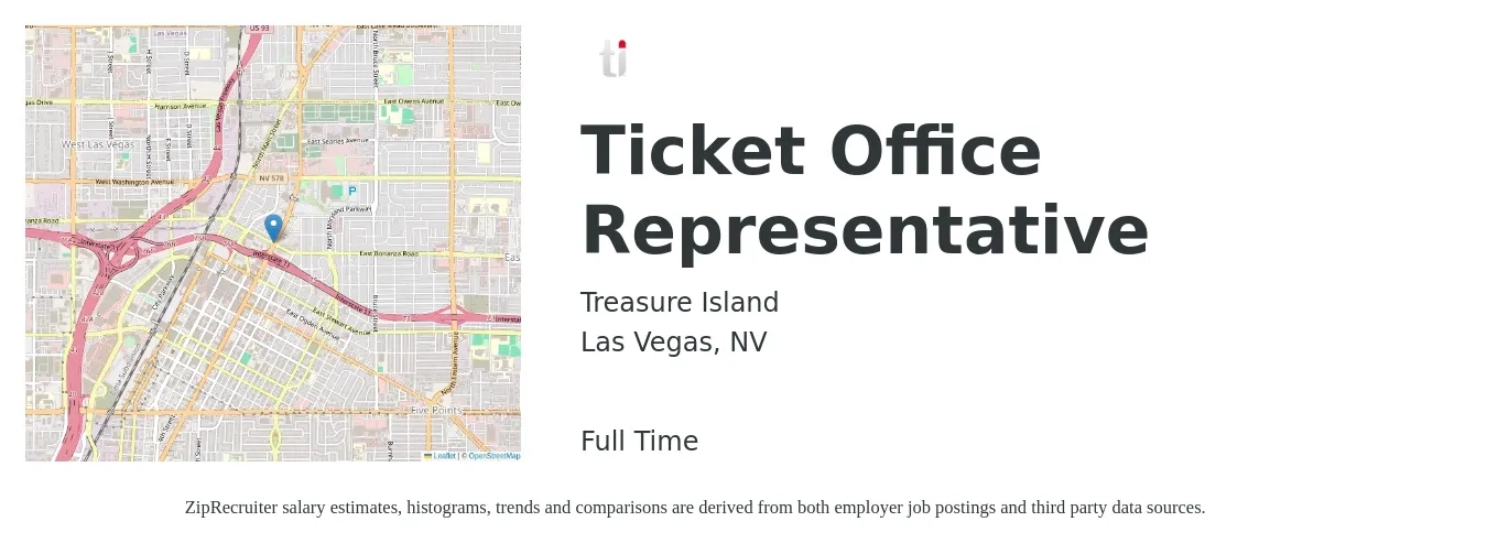 Treasure Island job posting for a Ticket Office Representative in Las Vegas, NV with a salary of $16 to $22 Hourly with a map of Las Vegas location.