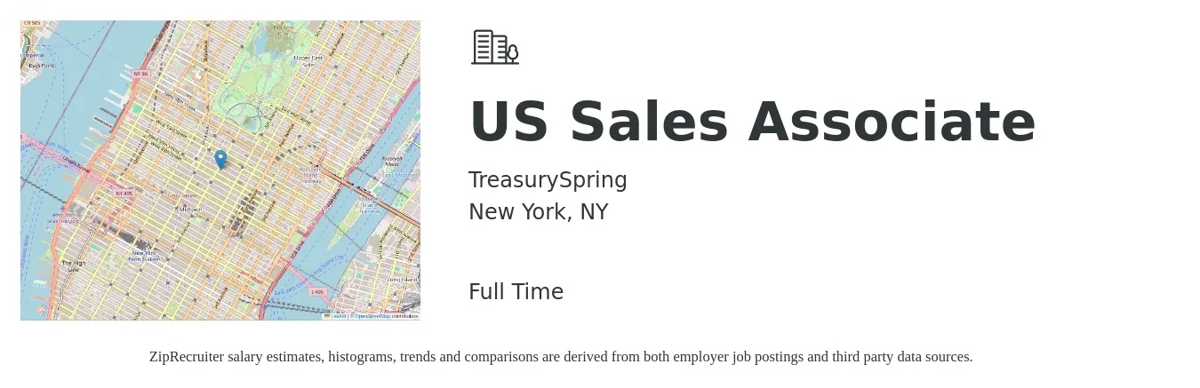 TreasurySpring job posting for a US Sales Associate in New York, NY with a salary of $15 to $21 Hourly with a map of New York location.