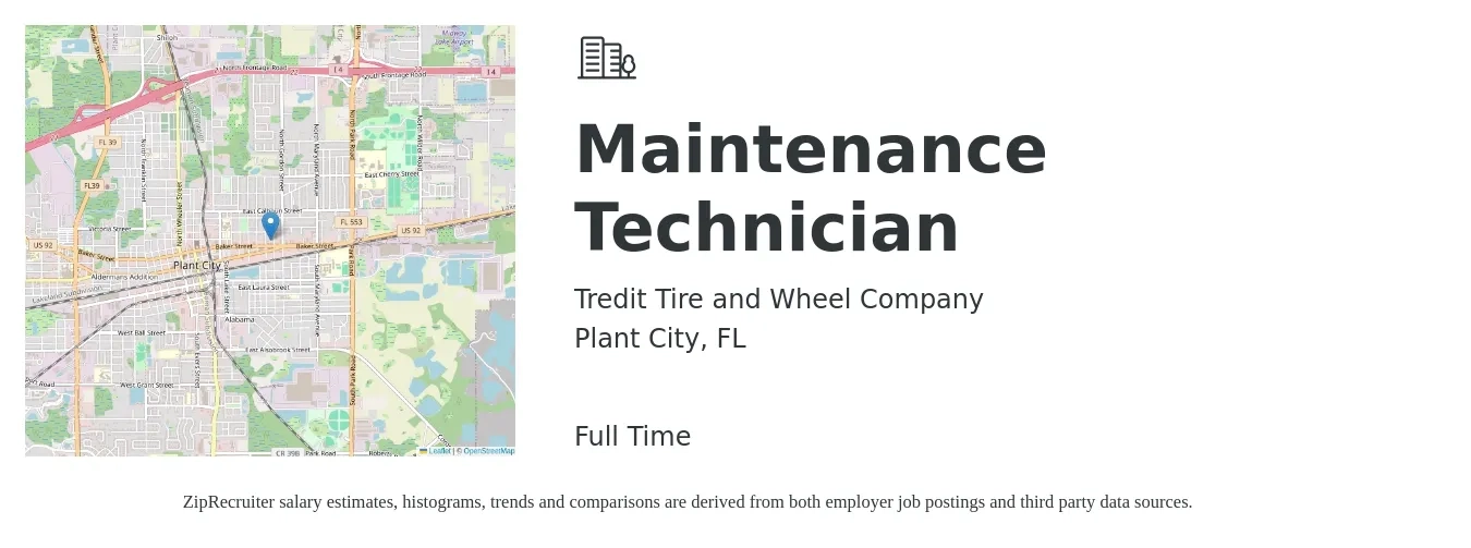 Tredit Tire and Wheel Company job posting for a Maintenance Technician in Plant City, FL with a salary of $17 to $23 Hourly with a map of Plant City location.