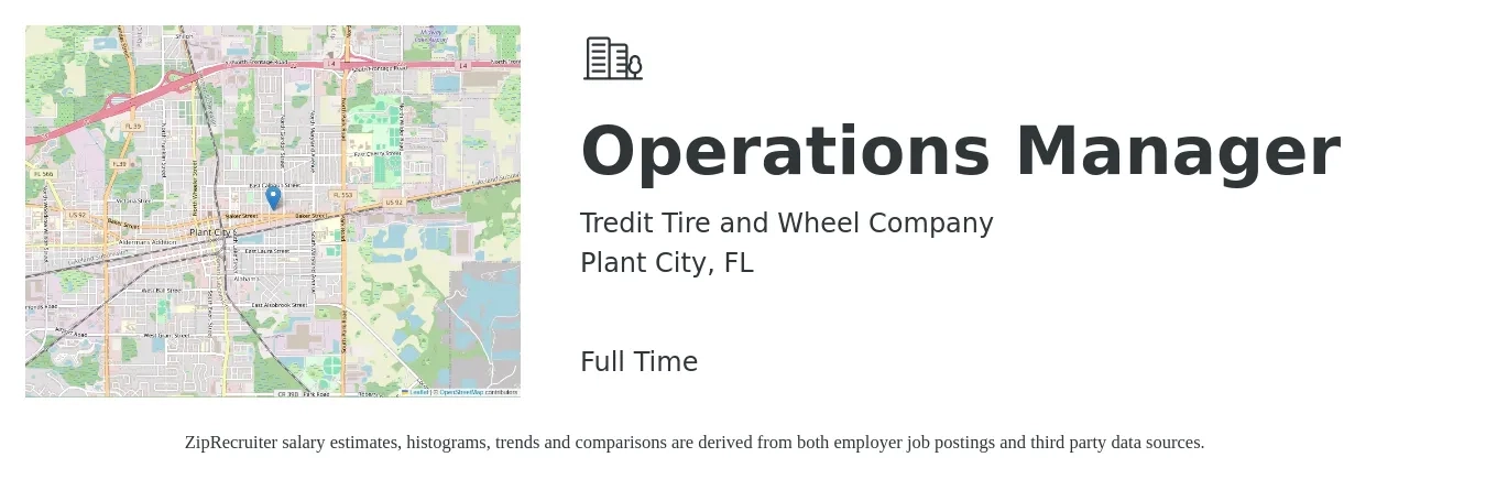 Tredit Tire and Wheel Company job posting for a Operations Manager in Plant City, FL with a salary of $35,600 to $67,300 Yearly with a map of Plant City location.