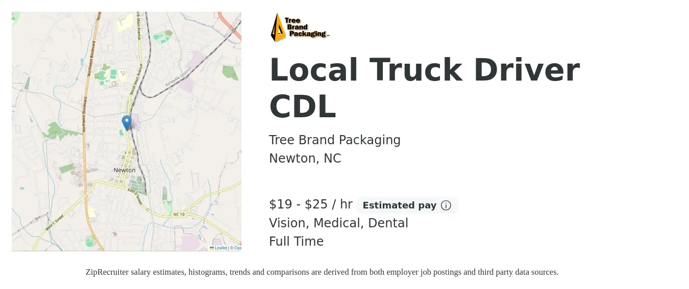 Tree Brand Packaging job posting for a Local Truck Driver CDL in Newton, NC with a salary of $20 to $26 Hourly and benefits including retirement, vision, dental, life_insurance, and medical with a map of Newton location.