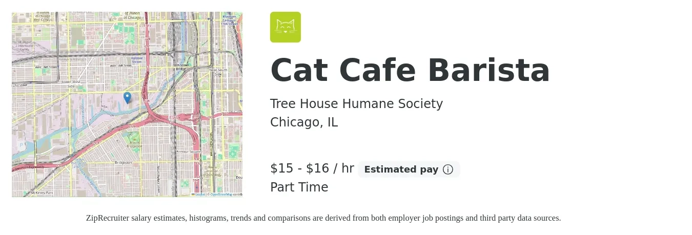 Tree House Humane Society job posting for a Cat Cafe Barista in Chicago, IL with a salary of $16 to $17 Hourly with a map of Chicago location.